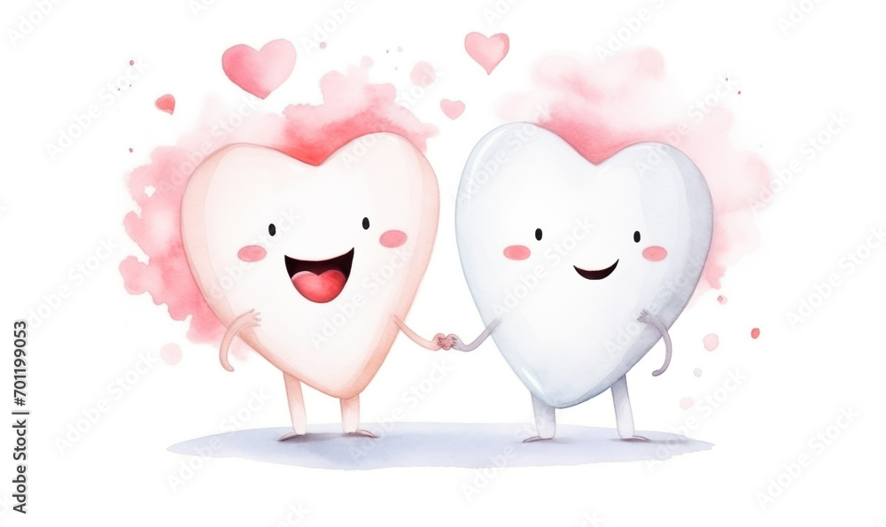 Two white cartoon watercolor teeth with legs and hand fall in love. Dental card for Valentines day with copy space. Teeth do not want to lose each other. Oral dental hygiene. illustration. Two white cartoon watercolor teeth with legs and hand fall in love. Dental card for Valentines day with copy space. Teeth do not want to lose each other. Oral dental hygiene. illustration.