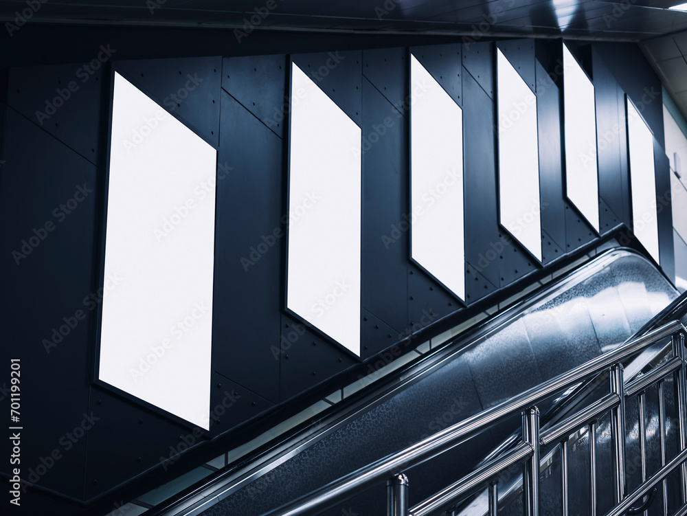 Obraz premium Blank white Poster ads Mock up media advertisement indoor Subway station Escalator 