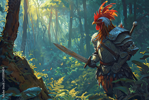 illustration of a chicken knight in the forest