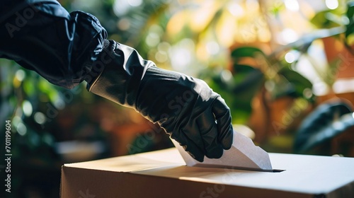 glove hand holding ballot paper on ballot box photo