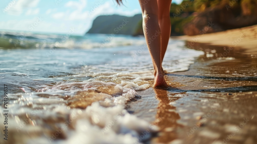 Closeup of woman feet walking on sand beach - obrazy, fototapety, plakaty 