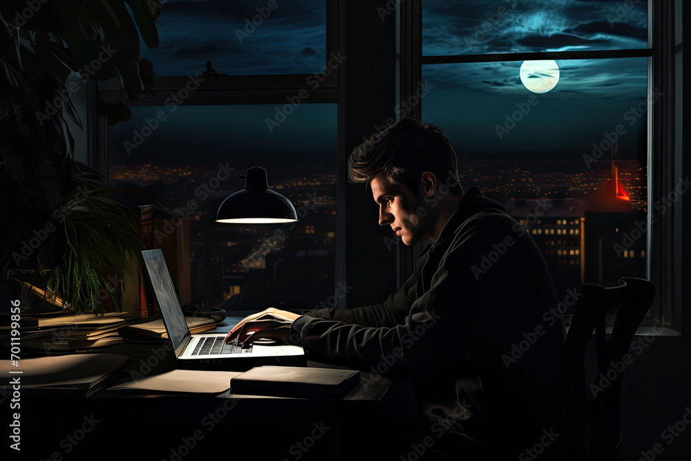 man typing on laptop in home office at night time man typing on laptop in home office at night time