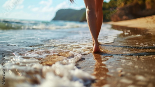 Closeup of woman feet walking on sand beach photo