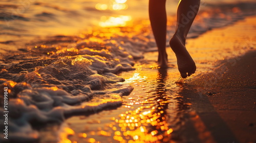 Closeup of woman feet walking on sand beach © waranyu