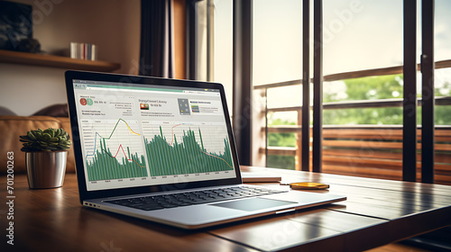 A laptop computer on a living room table displays data visualization graphics photo