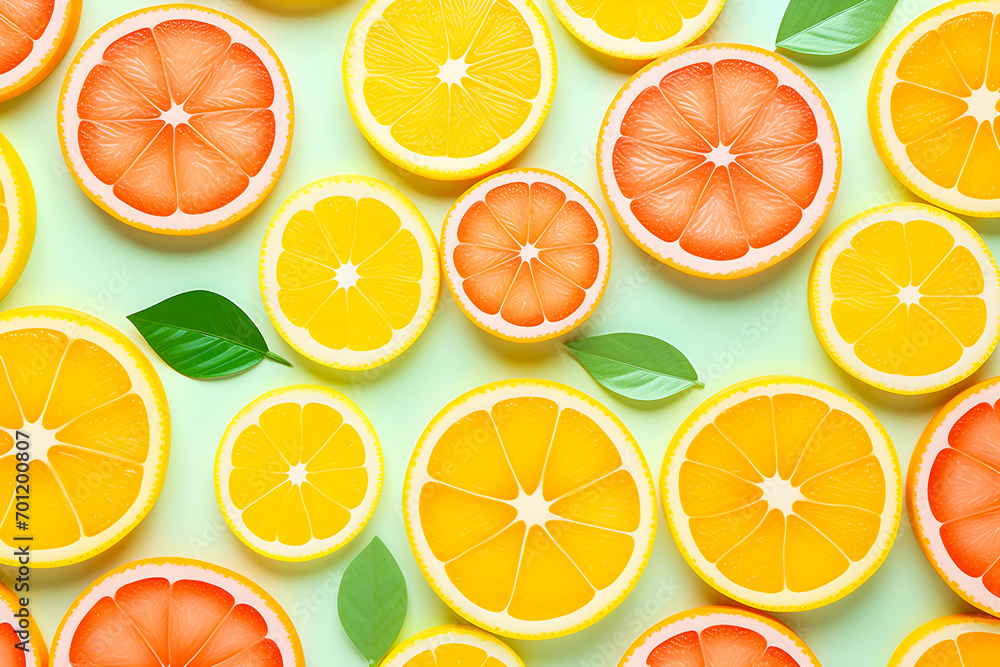Multicolored background with colorful citrus fruits oranges, lemons and leaves, generative ai