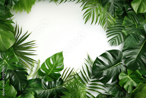 Green tropical leaves frame on white background. Summer concept. © NeeArtwork