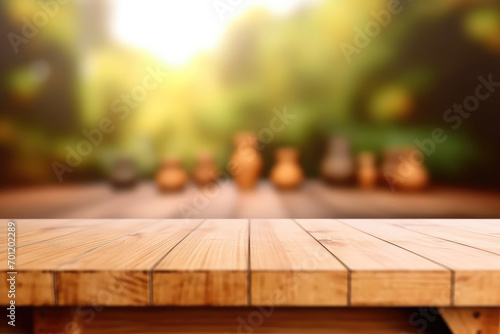 Empty wooden table top with lights bokeh on blur background. 3d render illustration.