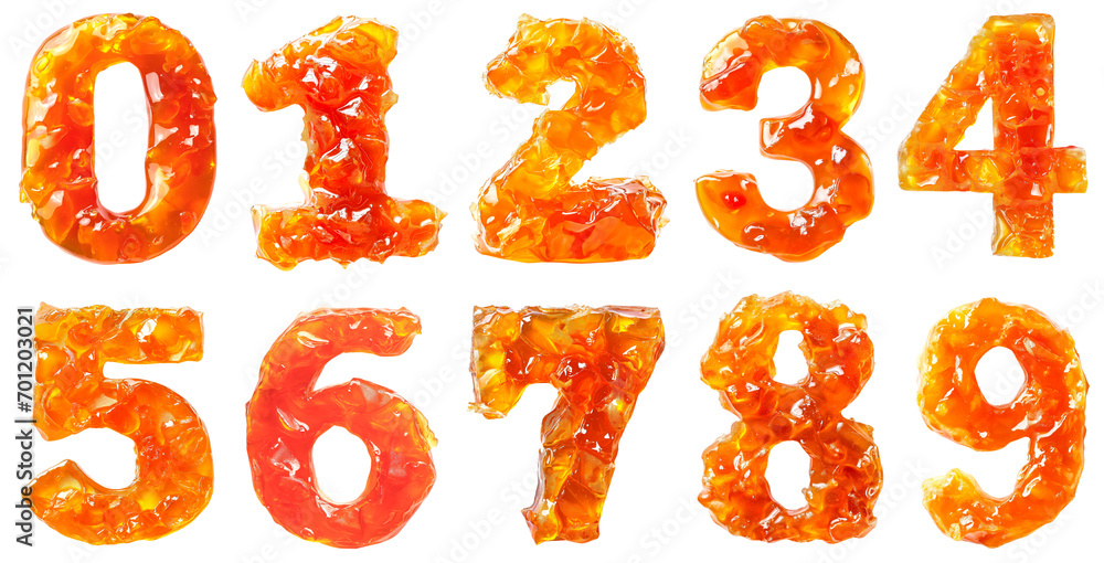 Numbers made from orange marmalade and jam. Set of numbers from 0 to 9. Isolated on a transparent background. Numbers made from orange marmalade and jam. Set of numbers from 0 to 9. Isolated on a transparent background.