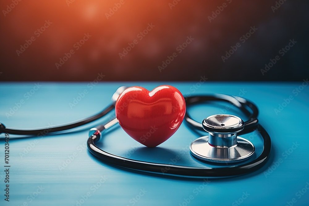 Stethoscope and red heart on blue wooden background. Health care concept. Stethoscope and red heart on blue wooden background. Health care concept.
