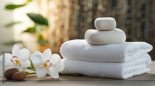 Stack of towels inside women s beauty and relaxation clinic spa massage studio.