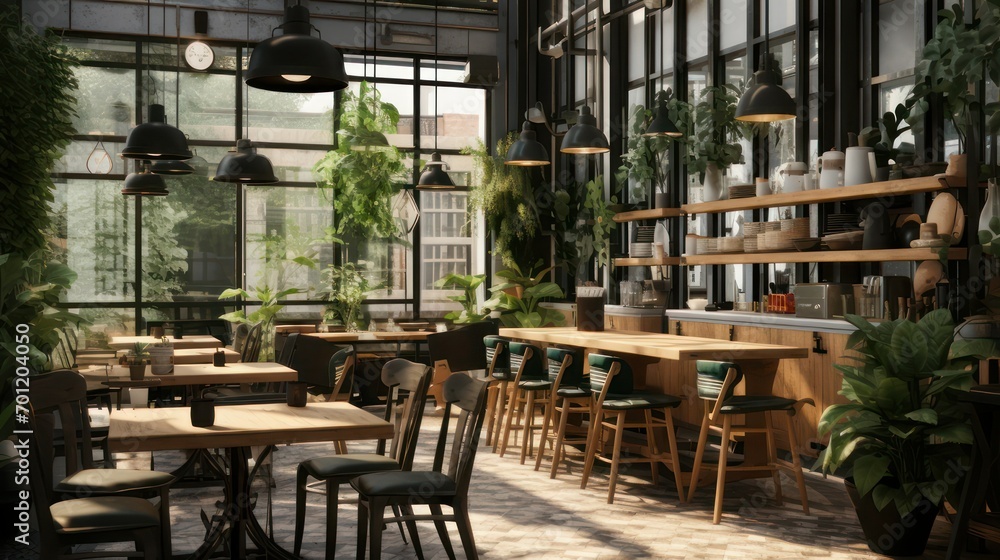 Cafe interior with industrial building style and cool indoor plants, modern contemporary architecture