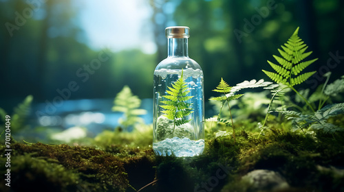 A white bottle glass with ferns, moss, sparkling lake, dragonfly, light blue sky, background blur, sunlight, nature, sense of space