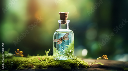 A white bottle glass with ferns, moss, sparkling lake, dragonfly, light blue sky, background blur, sunlight, nature, sense of space