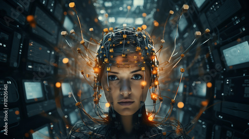 A young woman with information technology inside head