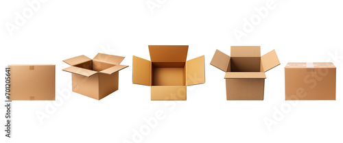 Set pf boxes parcels or cardboard from various side for packaging isolated on transparent png background, open and close carton. photo