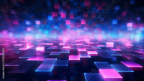 Abstract background with pink blue glowing neon bokeh lights. data transfer concept, digital wallpaper photo