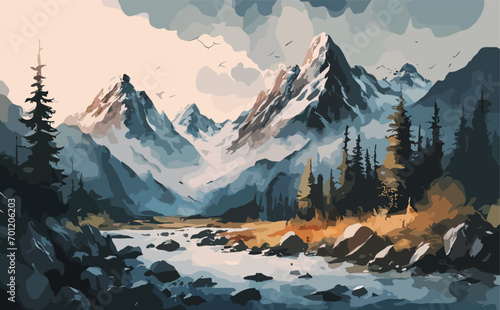 watercolor painting of mountain and river, illustration, digital landscape painting