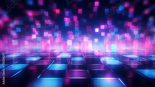 Abstract background with pink blue glowing neon bokeh lights. data transfer concept, digital wallpaper