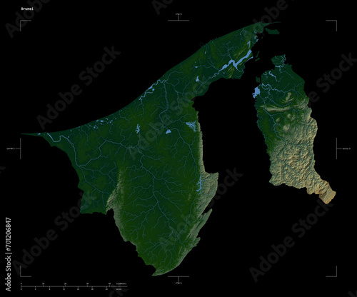 Brunei shape isolated on black. Physical elevation map