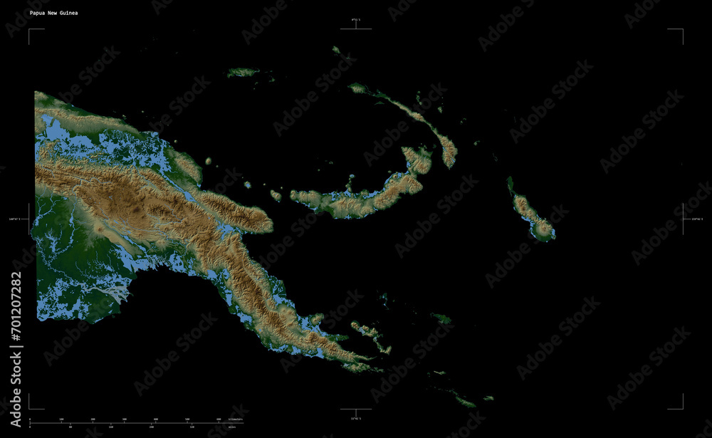 Papua New Guinea shape isolated on black. Physical elevation map
