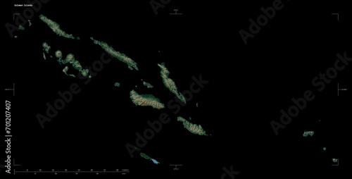 Solomon Islands shape isolated on black. Physical elevation map