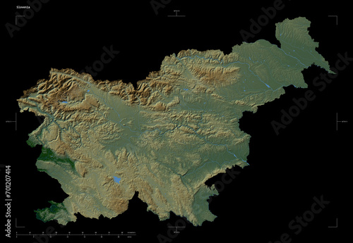 Slovenia shape isolated on black. Physical elevation map