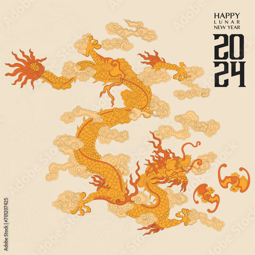 Happy new year 2024, Year of the dragon, Happy lunar new year 2024, Vietnamese Dragon Illustration. 