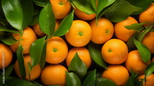 Background of fresh mandarins or oranges with green Generative Ai photo