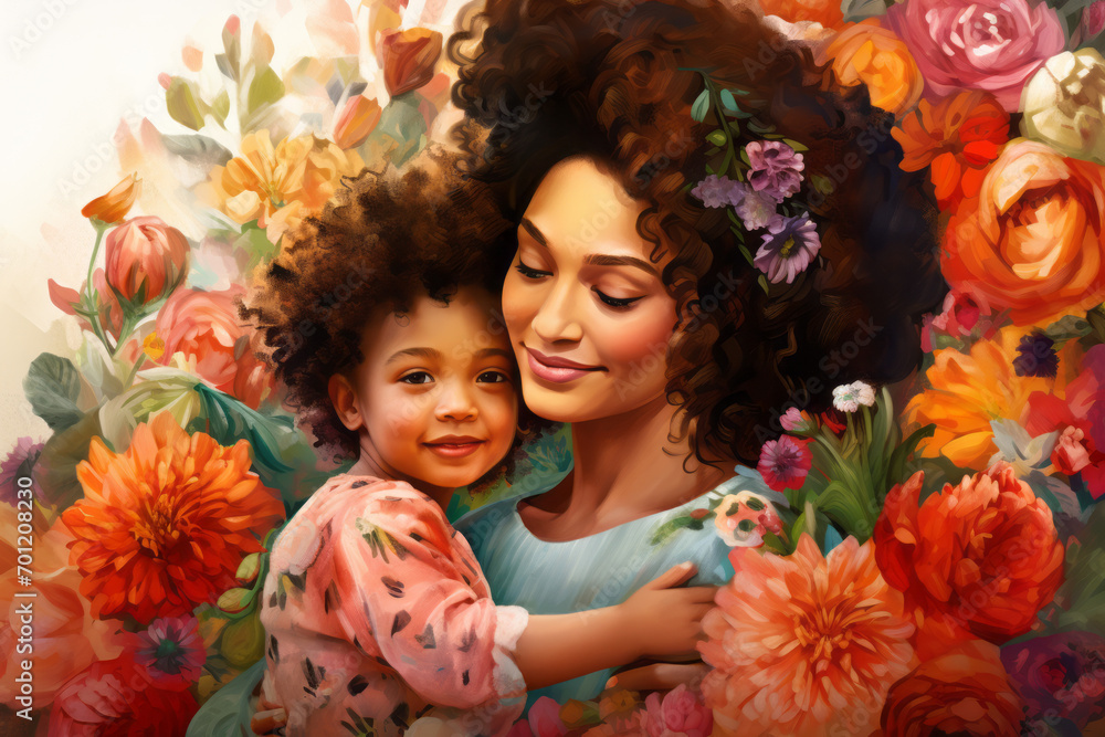 Illustrated portrait of mother and daughter, posed for Mother's Day Illustrated portrait of mother and daughter, posed for Mother's Day