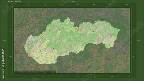 Photography Slovakia composition. OSM Topographic German style map