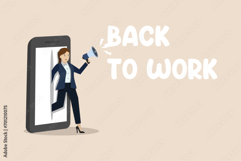 Back to work, vacation is over, starting work, happy employee announces back to work schedule using megaphone. Back to work, vacation is over, starting work, happy employee announces back to work schedule using megaphone.