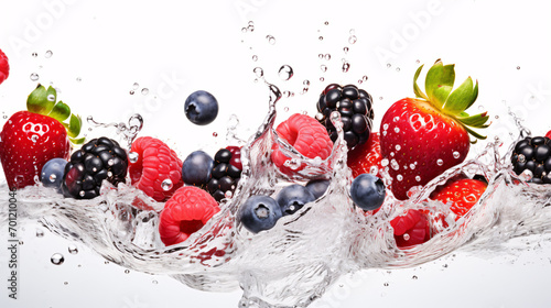Fresh and delicious strawberries, raspberries, blueberries and blackberries with water splash, freeze motion isolated on white background.