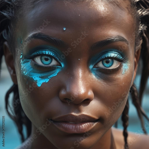 Enigmatic Monochrome: Mesmerizing mixed-race naiad with mesmerizing blue eyes emerging from the lake, artistic digital painting Gen AI