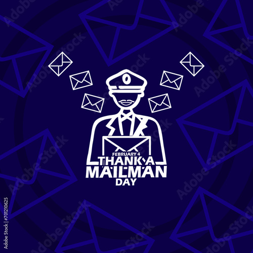 National Thank a Mailman Day event banner. Icon of a mailman and envelopes, with bold text on dark blue background to commemorate on February 4