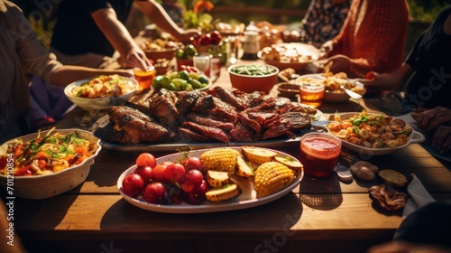 Table full of food families gather to feast on the holiday.