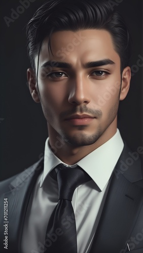 Serious young adult man in formal wear, front view, close-up. Serious Young Adult Man with Black Hair and Formal Wear Looking at Camera