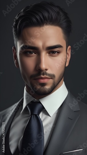 Serious young adult man in formal wear, front view, close-up.