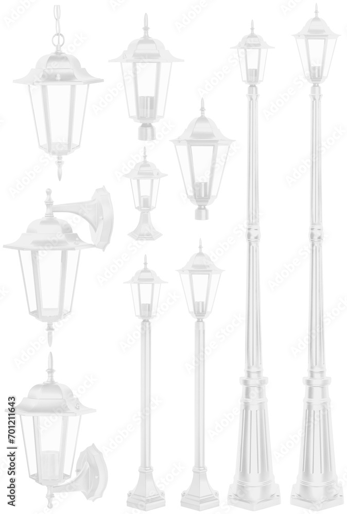 set of white classic street light isolated