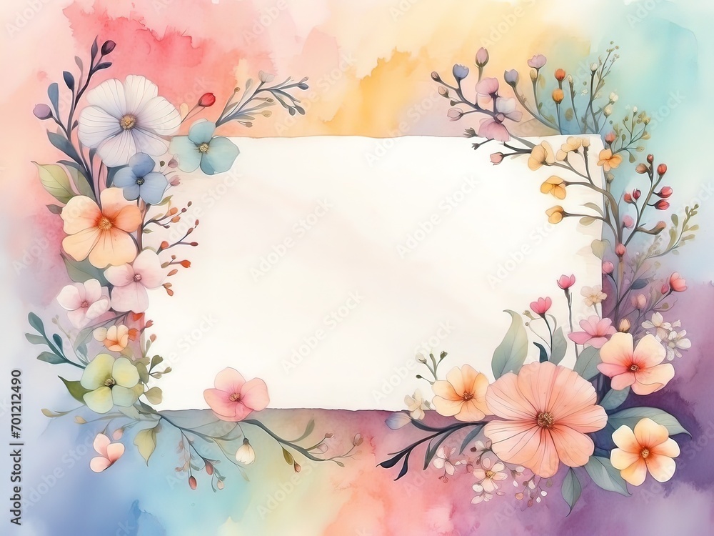 watercolor illustration of a large space for a note with small white and colorful tiny flowers on the left side on a soft pastel background with a hint of floral pattern.
