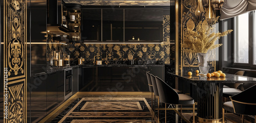 Opulent black and gold kitchen, art deco-inspired wall patterns. 8k,
