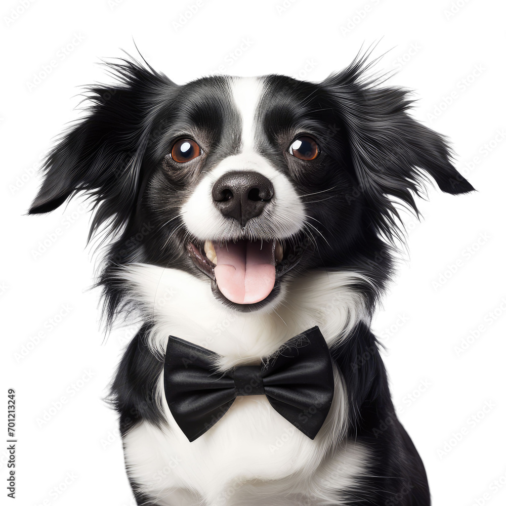 Fototapeta premium Happy smiling dog wearing a black bow, closeup on white background 