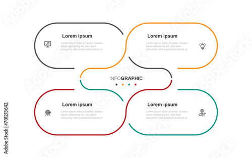 4 step process line connection shape vector infographic element with icons for presentation and business information 