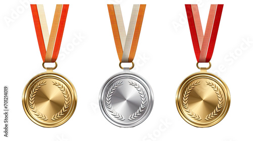 Set of award golden, silver and bronze blank medals isolated on transparent a white background photo