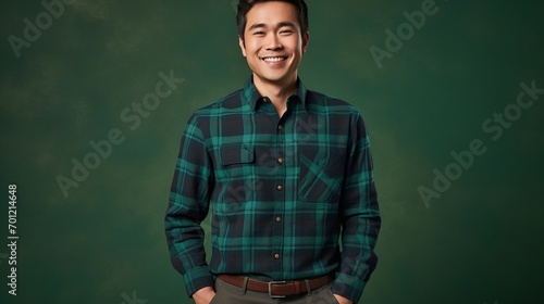 Happy Asian Man Wearing White Plain T-Shirt in Studio, Smiling Against Solid Background