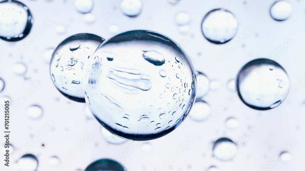 essential Oil Bubbles for cosmetics in water. blue liquid bubbles, fluid flow. Collagen, atoms floating, Moisturizing Cream, Skin Serum, Vitamin, beauty concept, 3d render