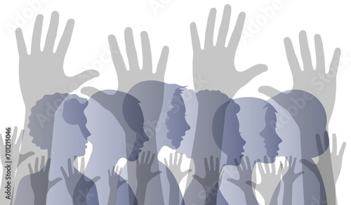 Outstretched arms, protest.
 The silhouette of people and hands. Vector illustration.
