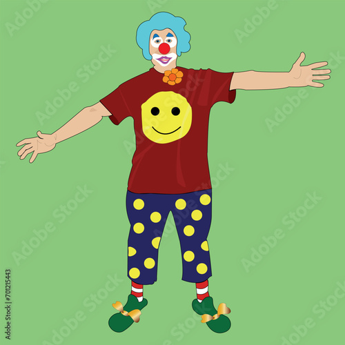 Clown in makeup with a smile and a red nose. The comedian stands on two legs wearing pants with circles. The jester is wearing a T-shirt with an emotion written on it.