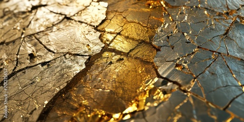 Abstract Background cracked and damaged Gold and silver colored Glass Texture
