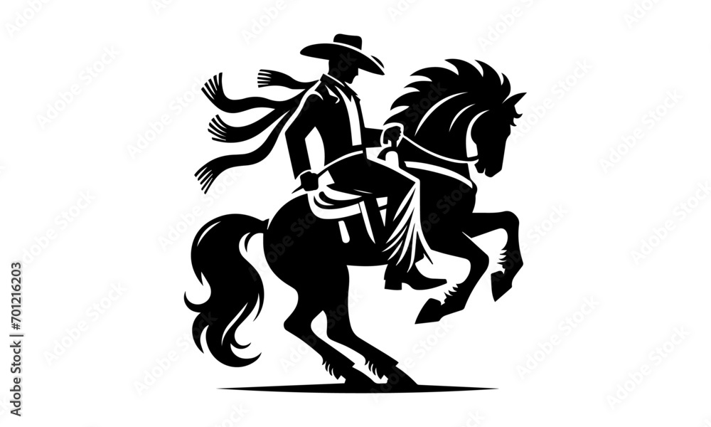 Cowboy riding on horse , black silhouette - flat vector design isolated on white background.